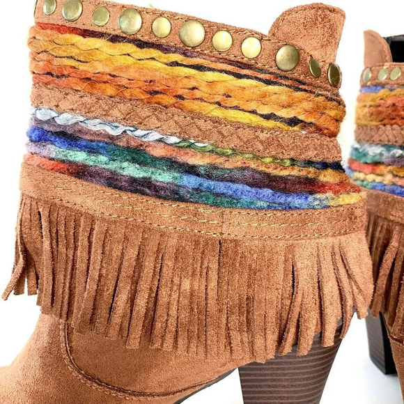 Mo Mo Size 9M Fringe Booties Western Boho Chic Stacked Heel Studded Multi-color - Picture 6 of 7